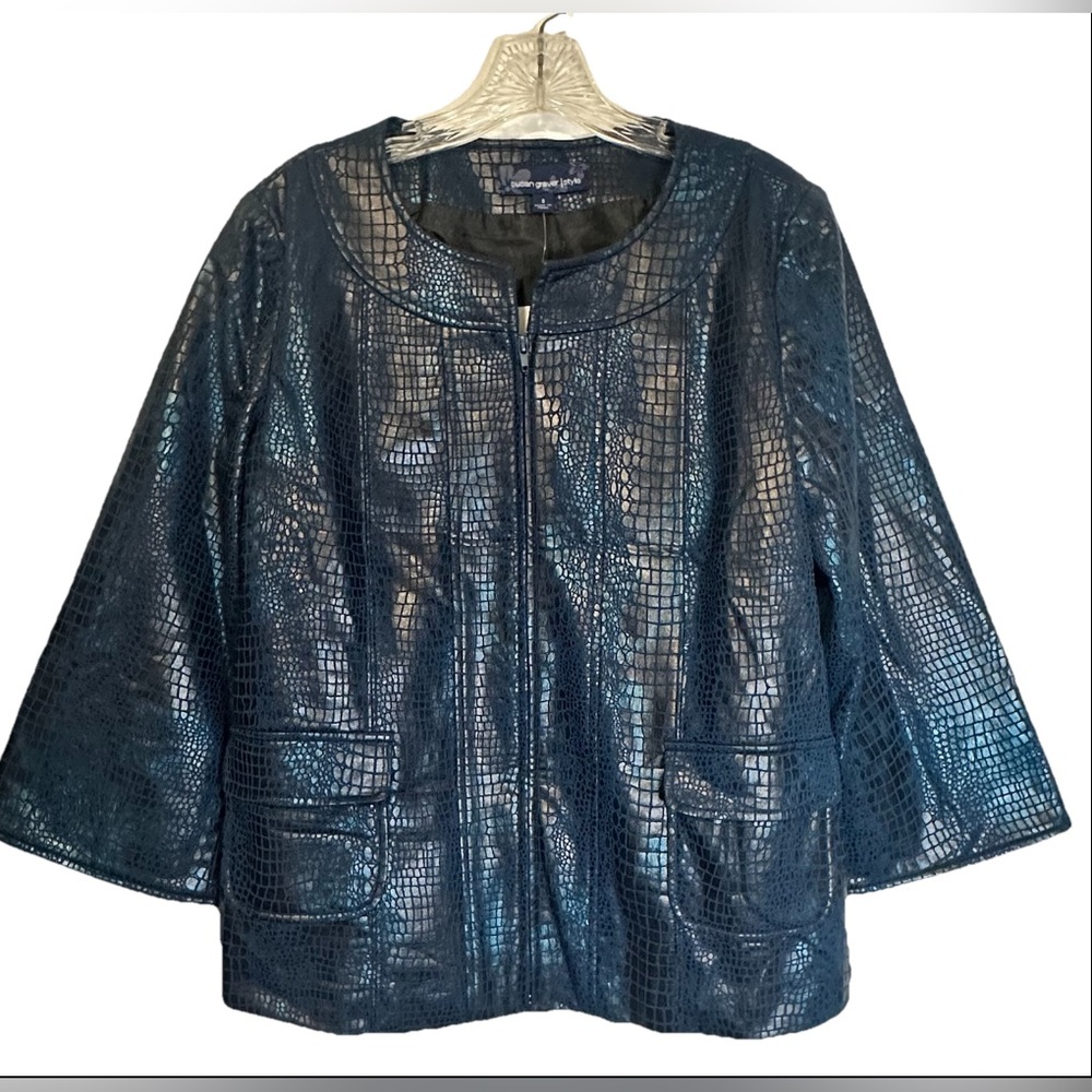 SUSAN GRAVER‎ Jacket Sz S Metallic Blue Reptile Chic Faux Leather Snake Skin New